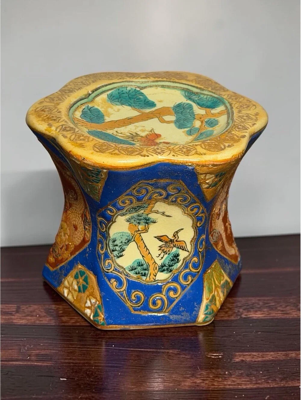 Vintage China Neiman Marcus Pillar Candle Holder Satsuma Style Dragon Crane 5”